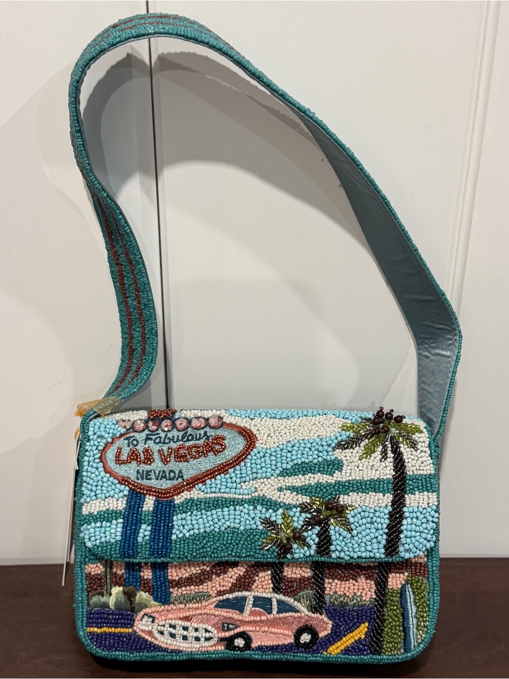 Beaded Teal Las Vegas Motif Shoulder Bag